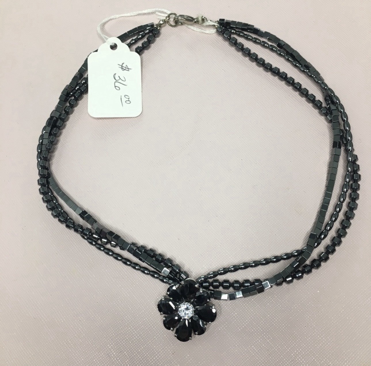 Hematite Necklace Flower Charm Pendant Crystal