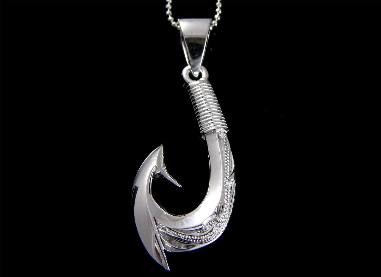 SILVER 925 HAWAIIAN 2 SIDED SCROLL ENGRAVED 3D FISH HOOK PENDANT HEAVY 15MM