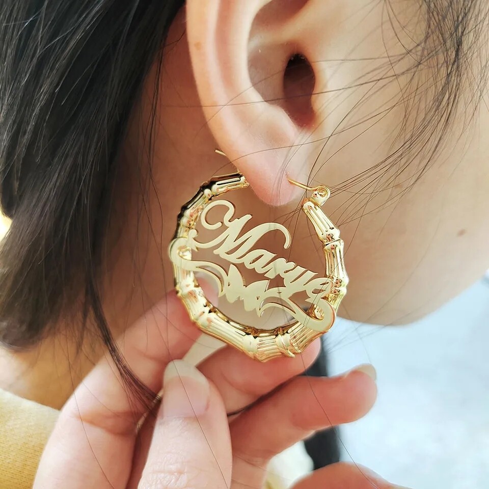 Personalized Underline Butterfly Hoop Any Name Earrings Stainless Steel Jewelry