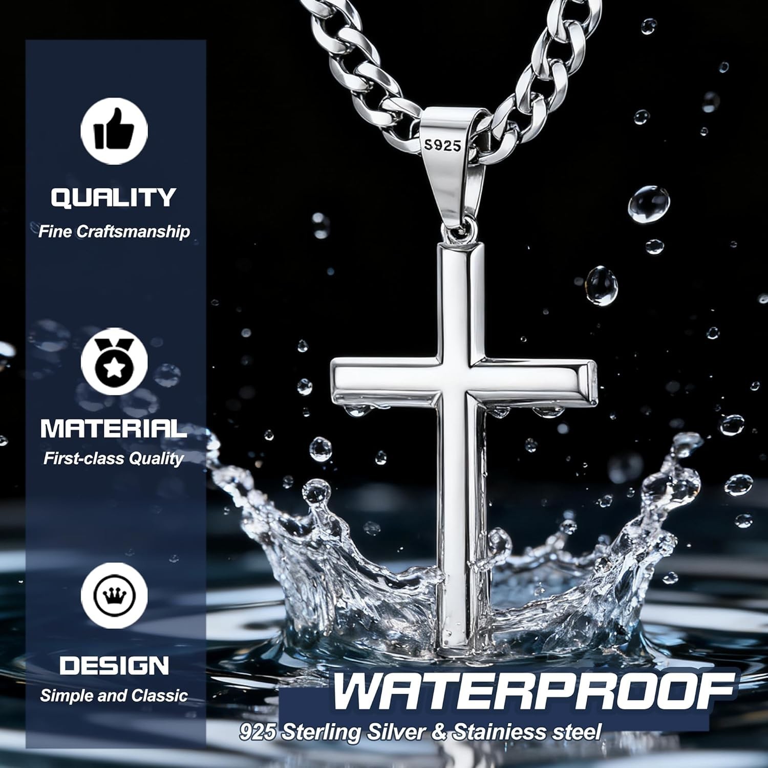Elegant Beveled Edge Sterling Silver Cross Necklace – Adjustable 16-30 Inches