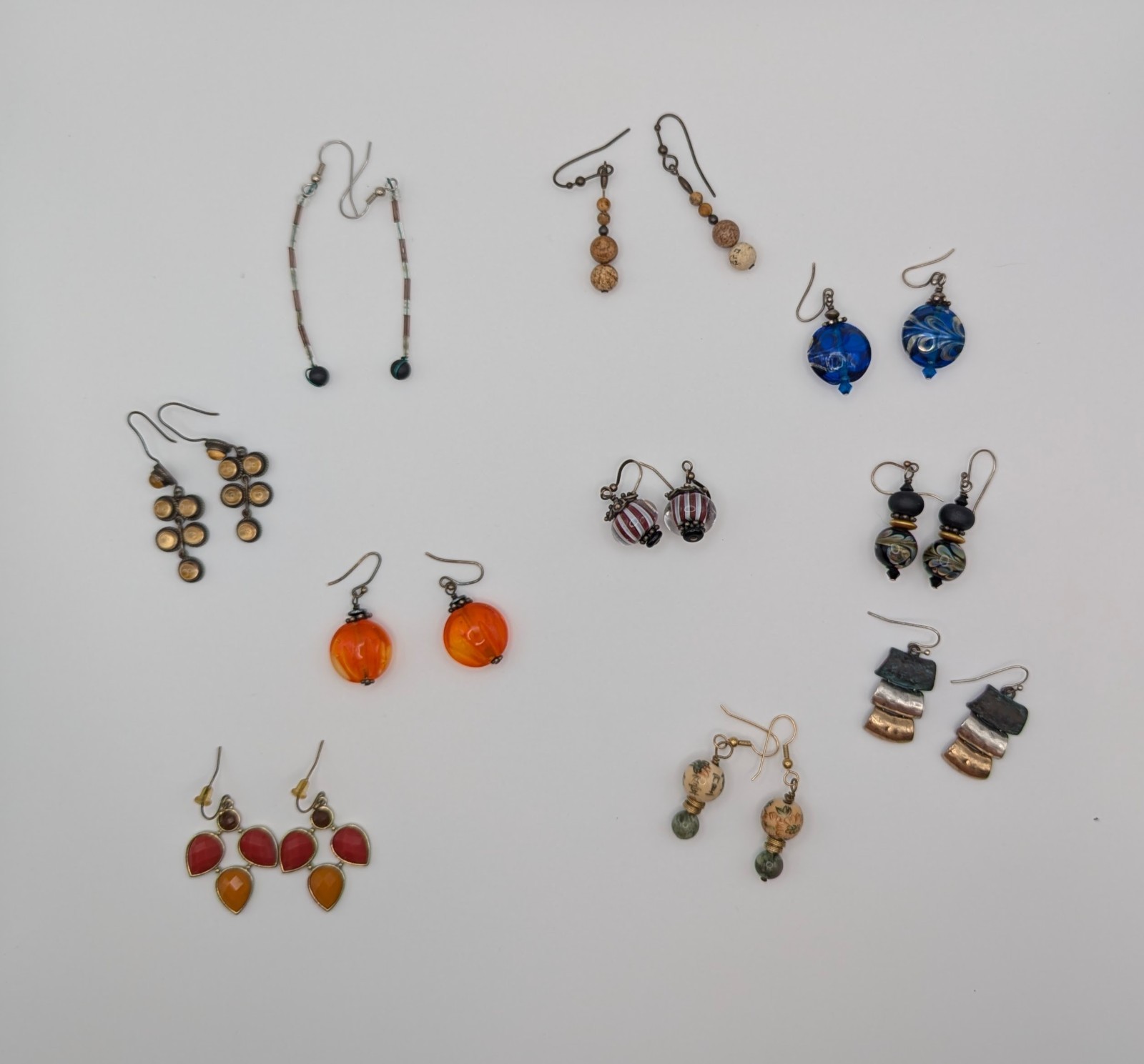 10 Pair Artisan Style Dangle Earrings Lot Glass Bead Stone Boho Mixed Jewelry