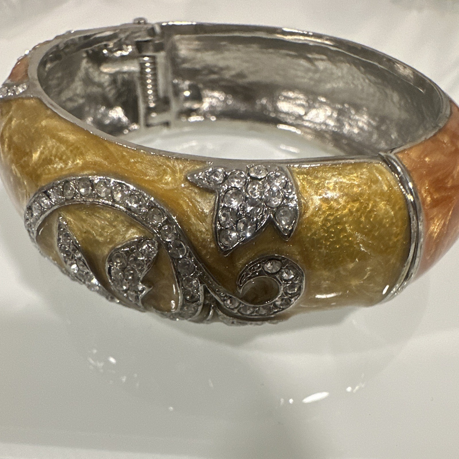 Kirks Folly Signed Hinged Enamel Bangle Bracelet Crystal Gold Orange Silver