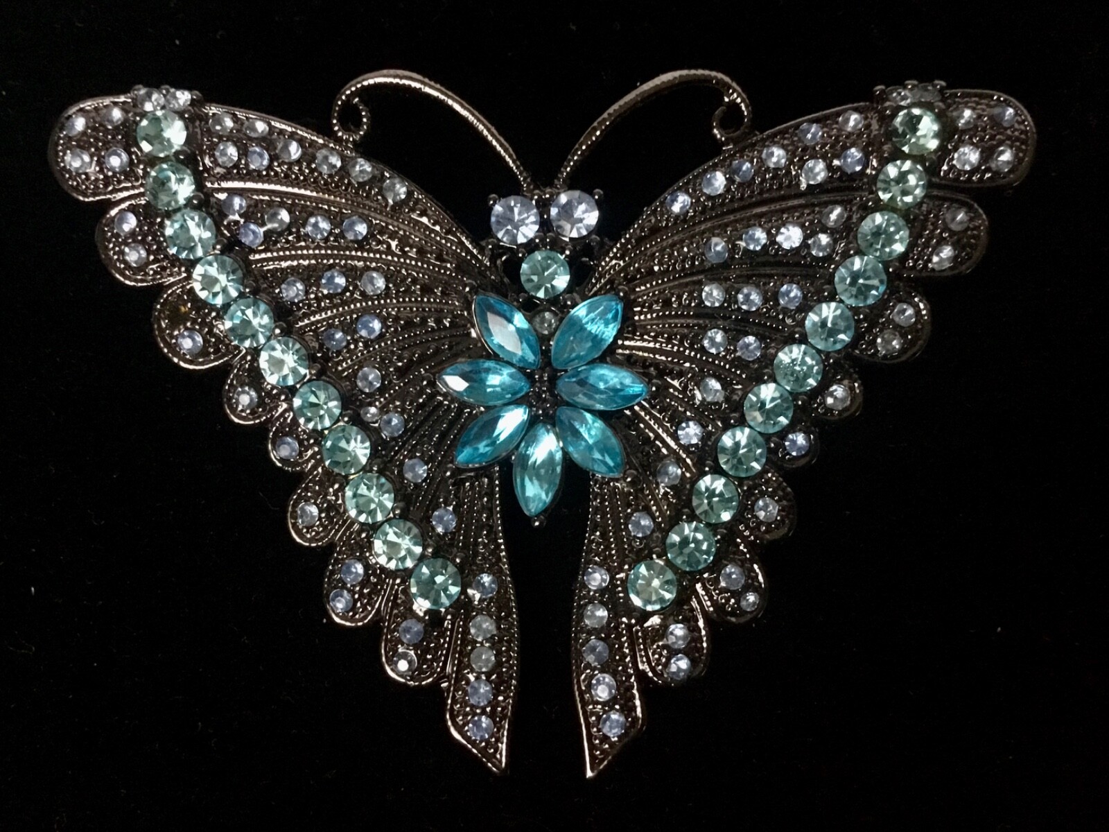 Butterfly Pin Pendant Black Metal Blue Pave Rhinestones
