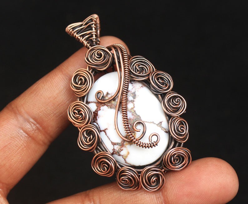 Copper Wire Wrap Flower Pendant Jewelry Wild Horse Jasper Gemstone Gift N277