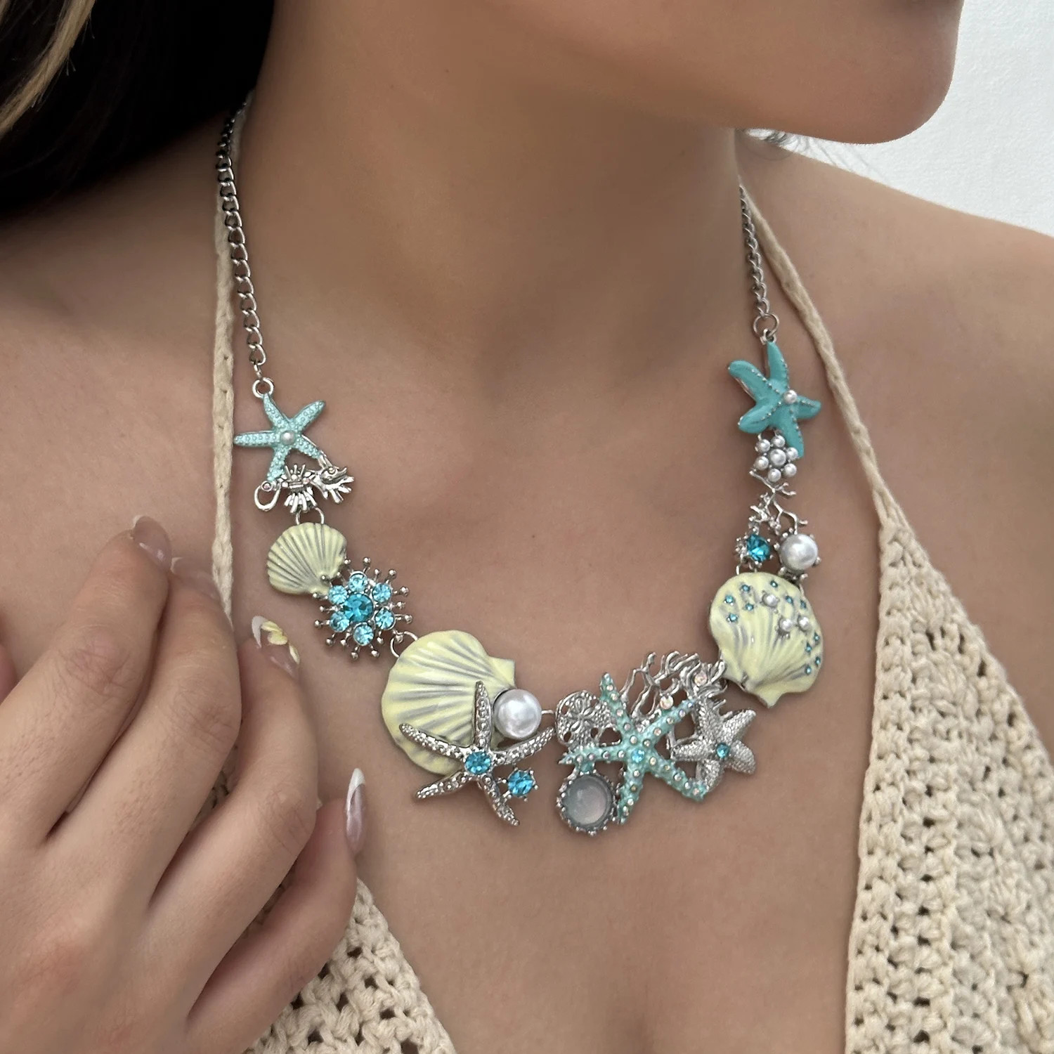 Boho Shiny Starfish Shell Coral Pearl Pendant Necklace for Women Exaggerated Met