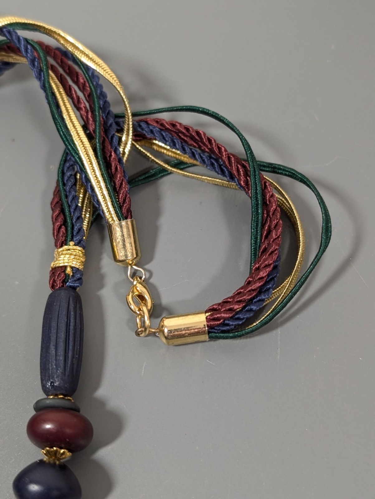 Retro Tribal Medallion Blue Red Green Multi Cord Gold Tone Necklace 18″