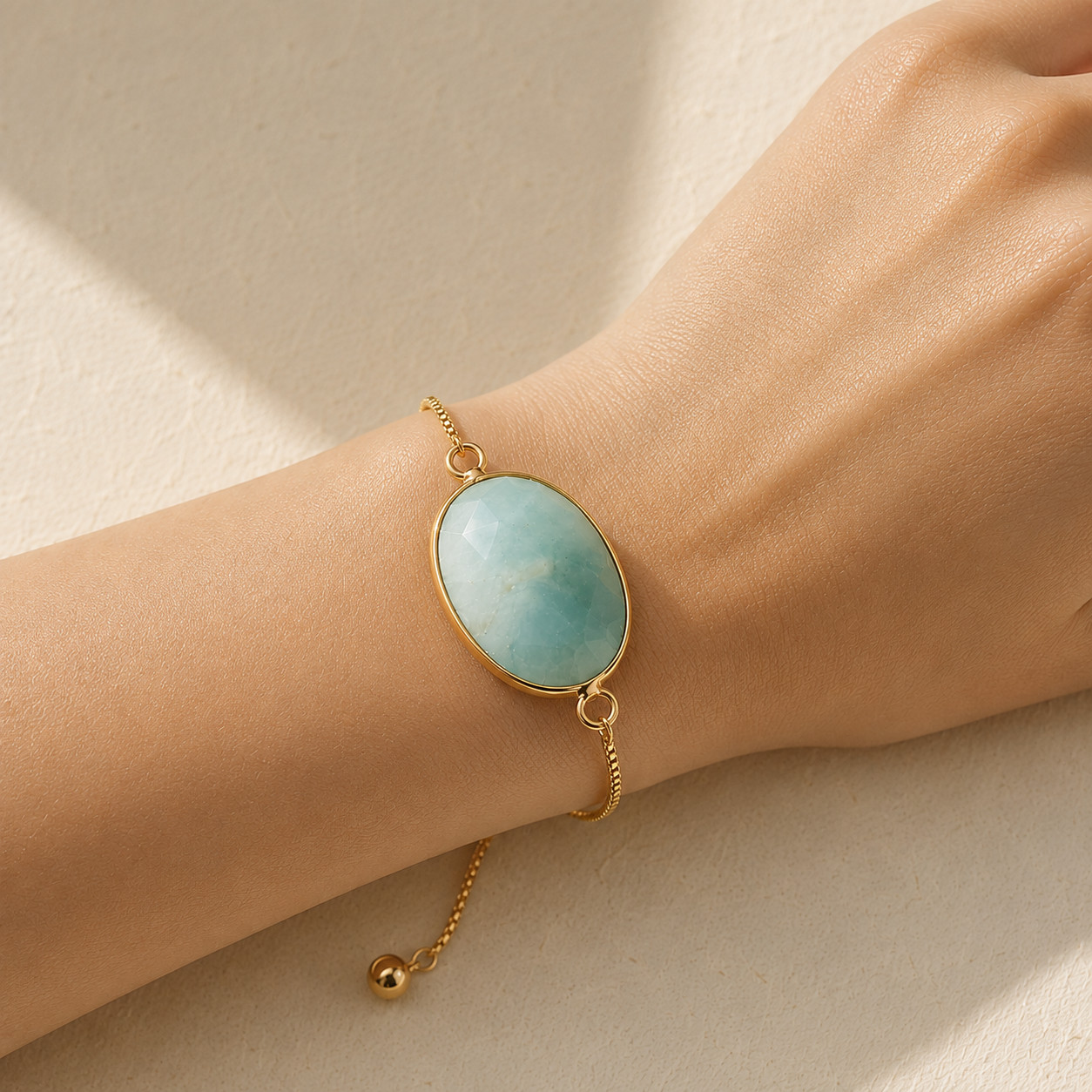 Natural Amazonite Oval Crystal Charm Bracelet | 18K Gold Plated | Vintage Boho