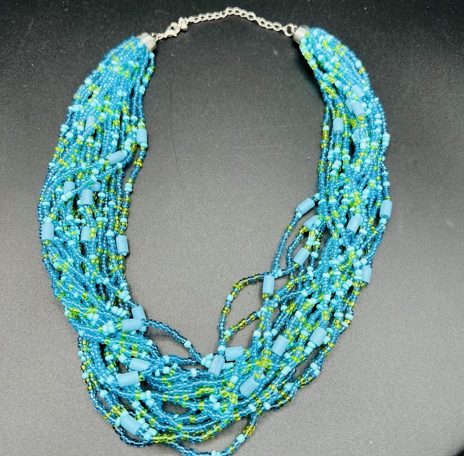Aqua Lime Seed Bead Necklace Multi Strand Statement Bib Collar Beach Boho