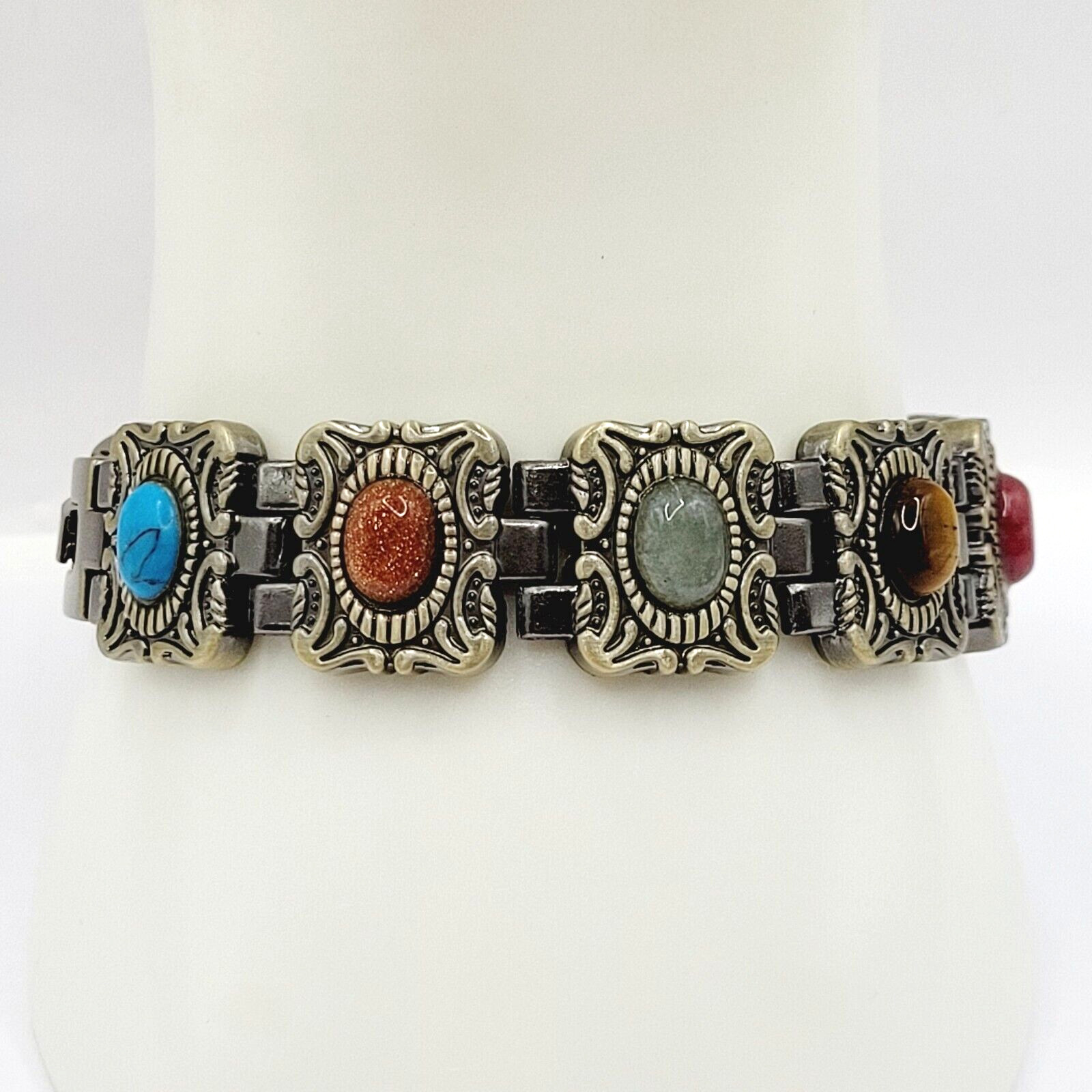 Ornate Western Style Multi Color Faux Gemstone Muted Gold Silver Tone Bracelet