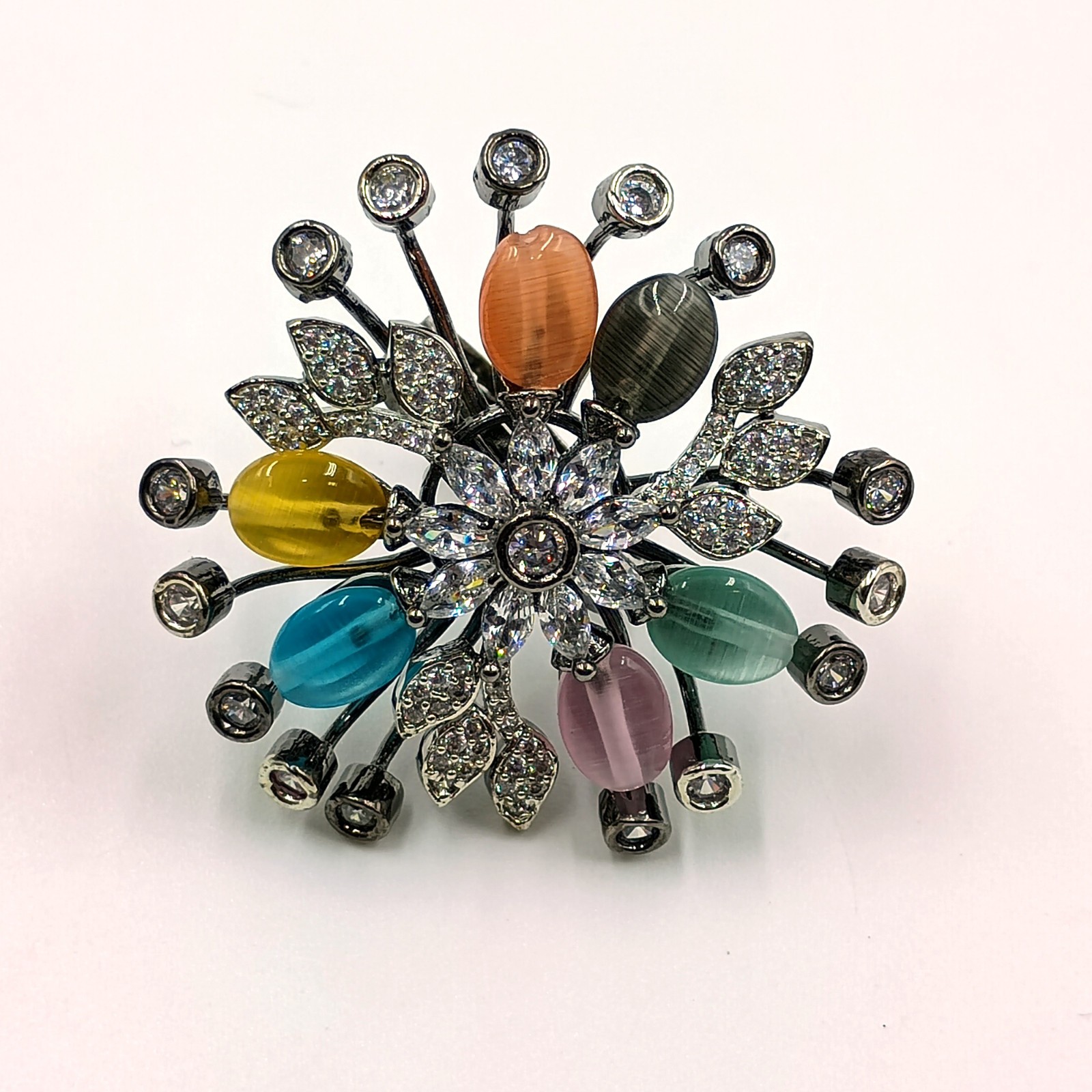 Handmade Multi Stone Ring Adjustable Cubic Zirconia Black Rhodium Plated Boho
