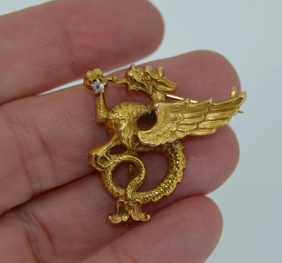14K & Art Nouveau Chimera Dragon Brooch Watch Pin