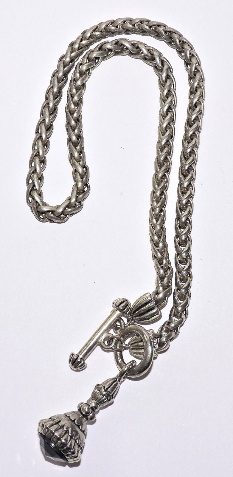 Silver Tone 16″ WHEAT LINK CHAIN NECKLACE Etruscan Style BLACK FOB / AMULET