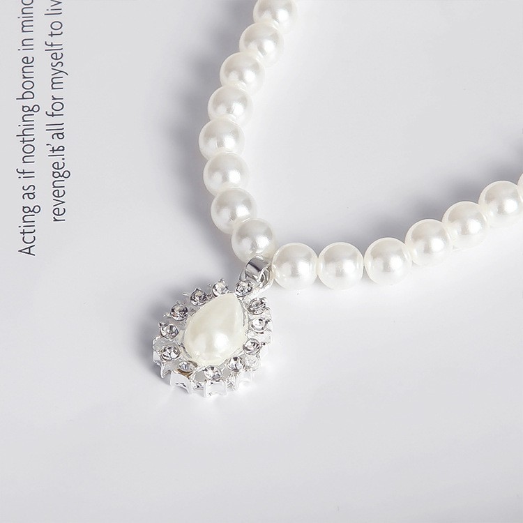 Pearl Necklace & Earrings Set White Teardrop Pendant Crystal Bridal Wedding set