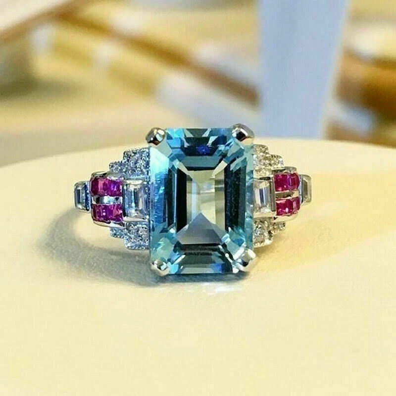 3Ct Lab Created Emerald Aquamarine &Ruby Engagement Ring 14K White Gold Plated