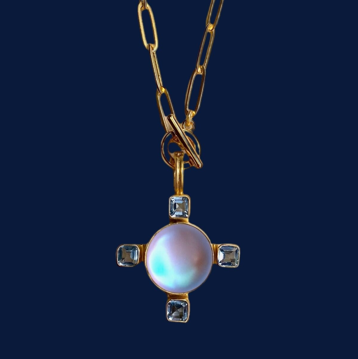 Dina Mackney Necklace Pendant 18K Gold Jewelry Luminite Blue Topaz Jewelry Gift
