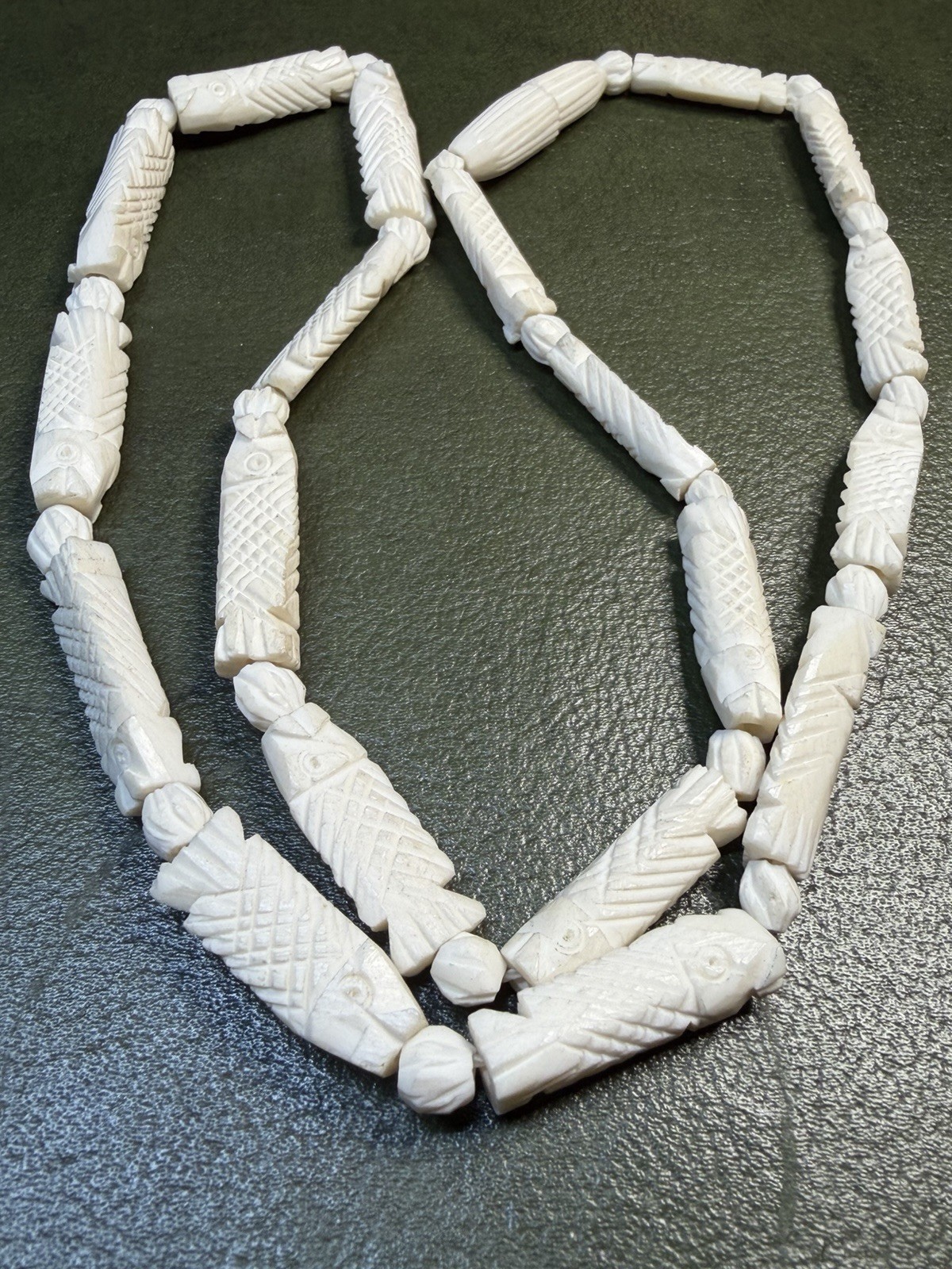 White Carved Bone Beaded Strand Necklace Ball/Bead Chain Screw Closure