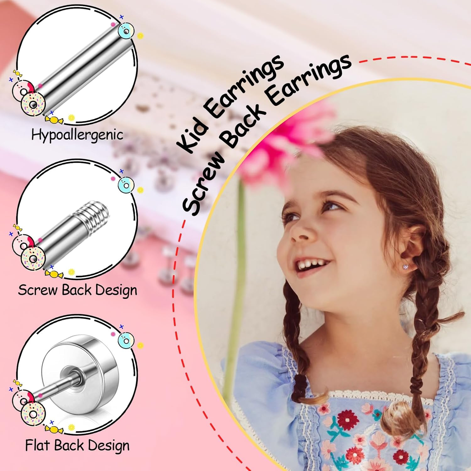Hypoallergenic Screw Back Earrings Girls Kids Surgical Steel CZ Studs