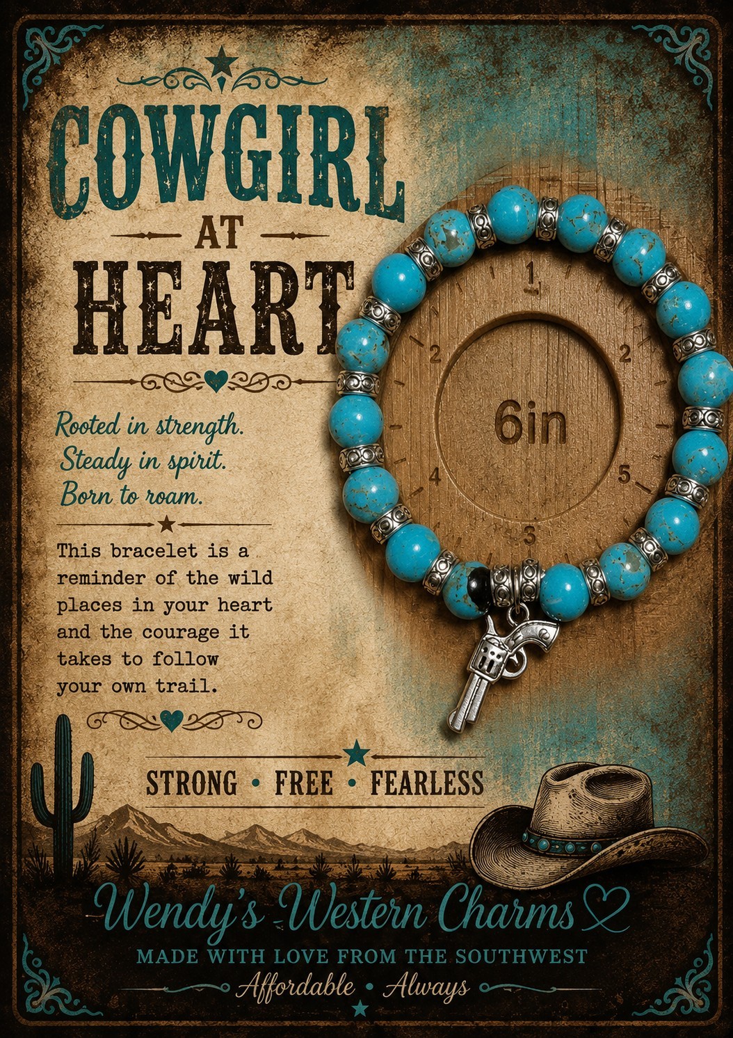 Wendy’s Western Charms Cowgirl Turquoise Beaded Charm Stretch Bracelet 6in