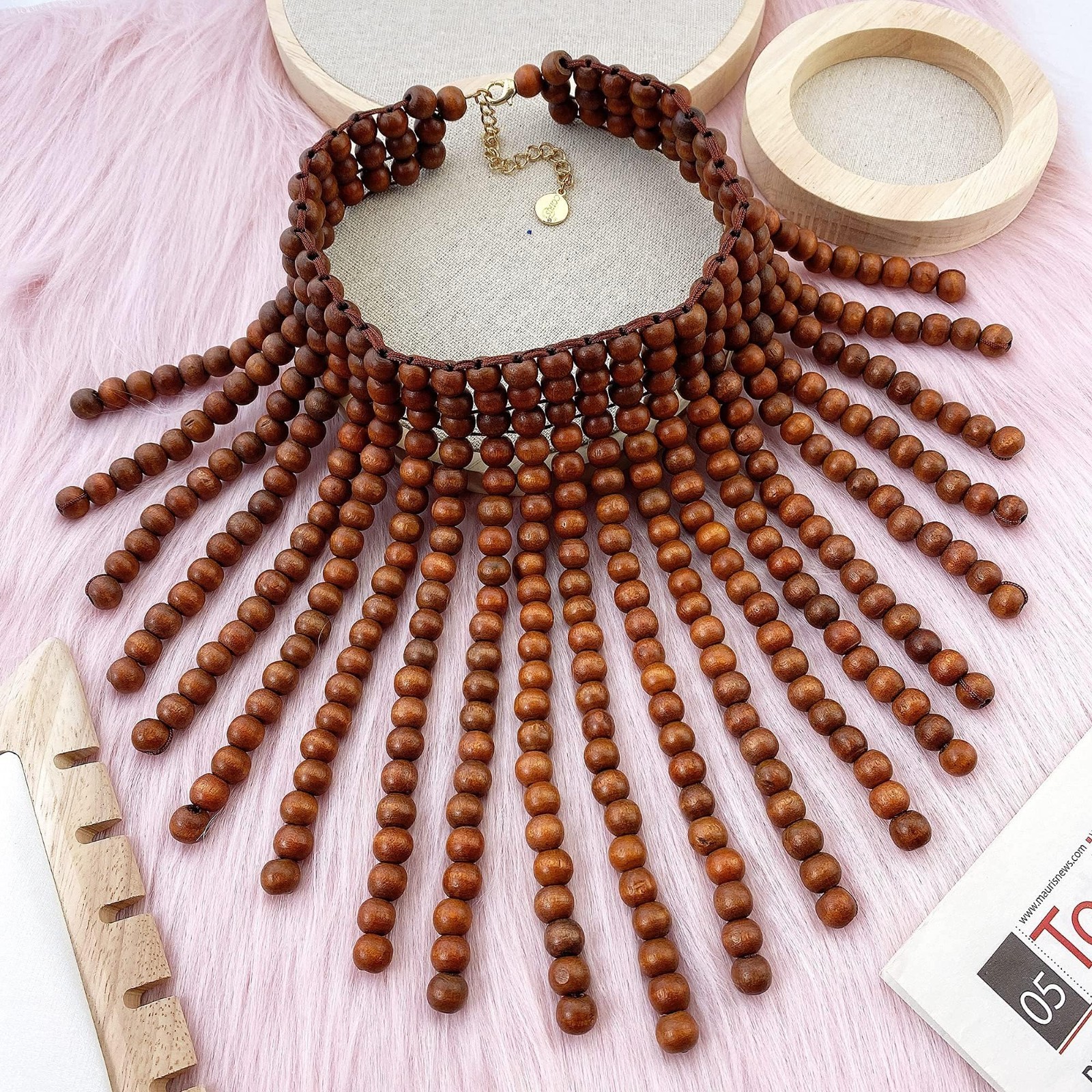 Boho African Wooden Acrylic Beaded Bib Necklace – Chunky Layered Collar Choker