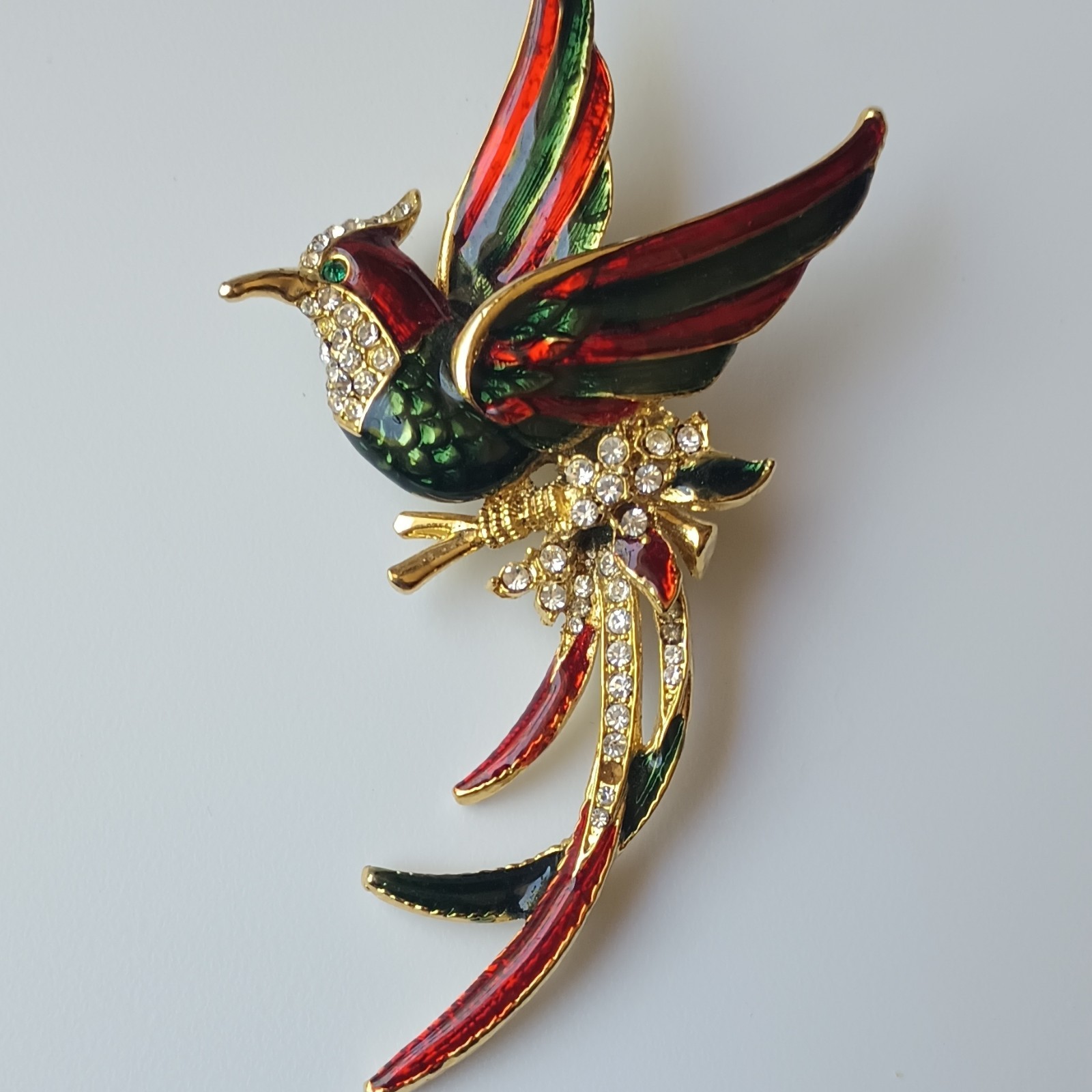 Vintage Gold Tone Bird Brooch Pin Red Green Enamel Clear Rhinestone Cluster