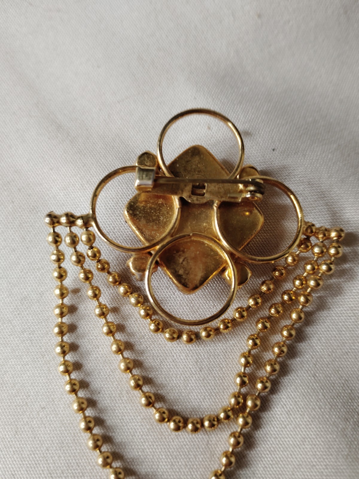 Brooch Pin Gold Tone Dangle Square Black Glass Cabochon Clear Stones