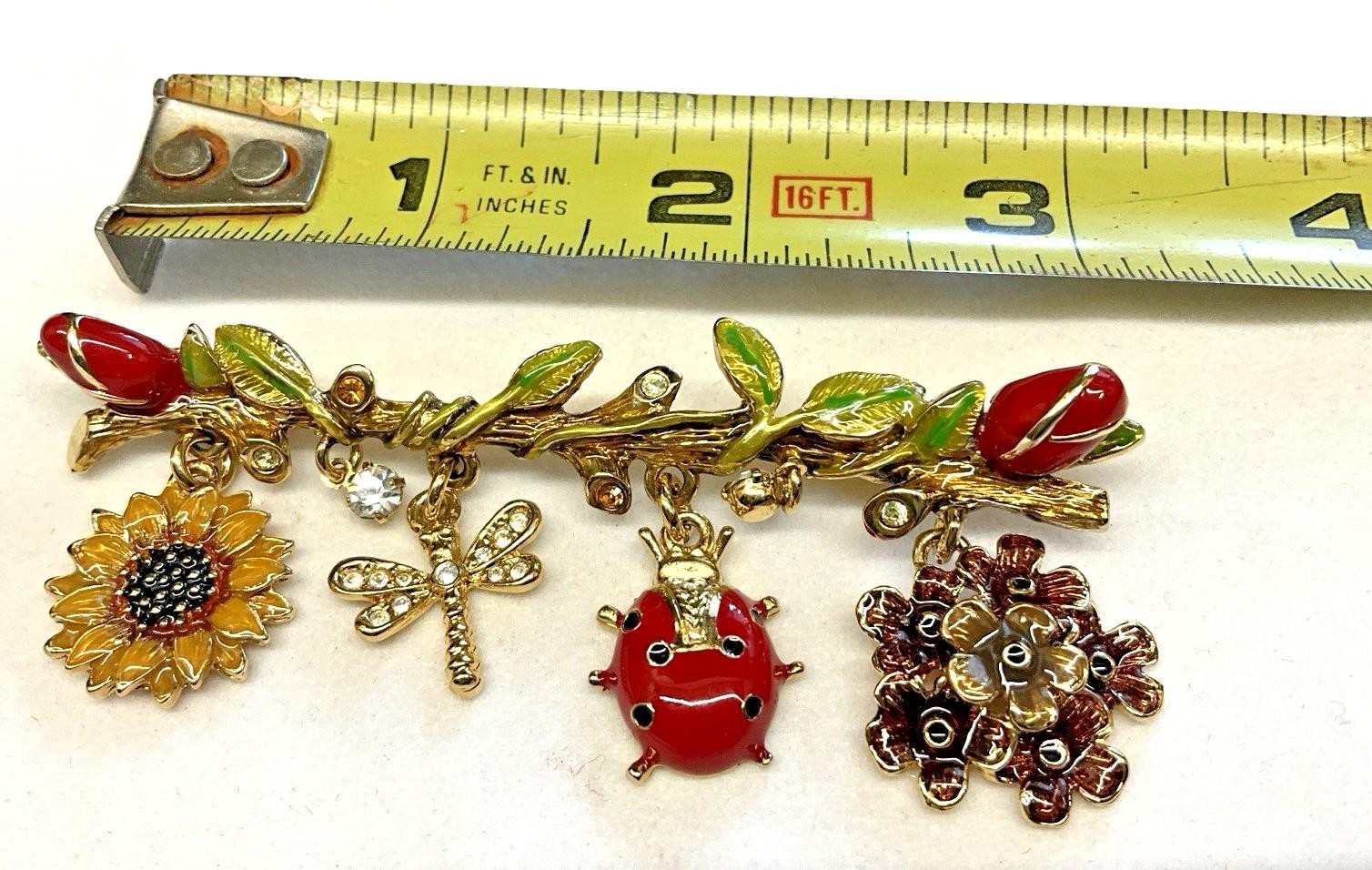 Broch Pin St John Enamel Sunflower Dragonfly Ladybug Rose Branch Charm