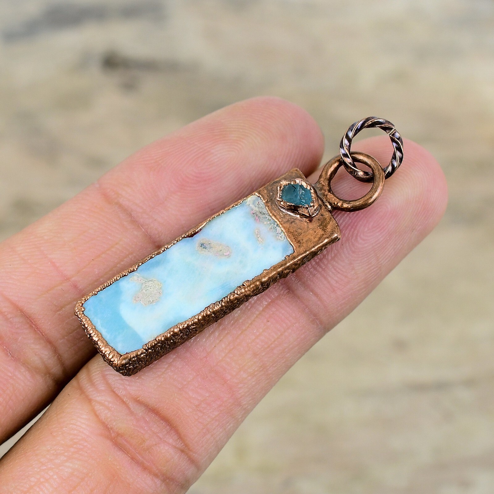 Copper Larimar Stone Blue Chalcedony Rough Sister Electroformed Pendant Jewelry