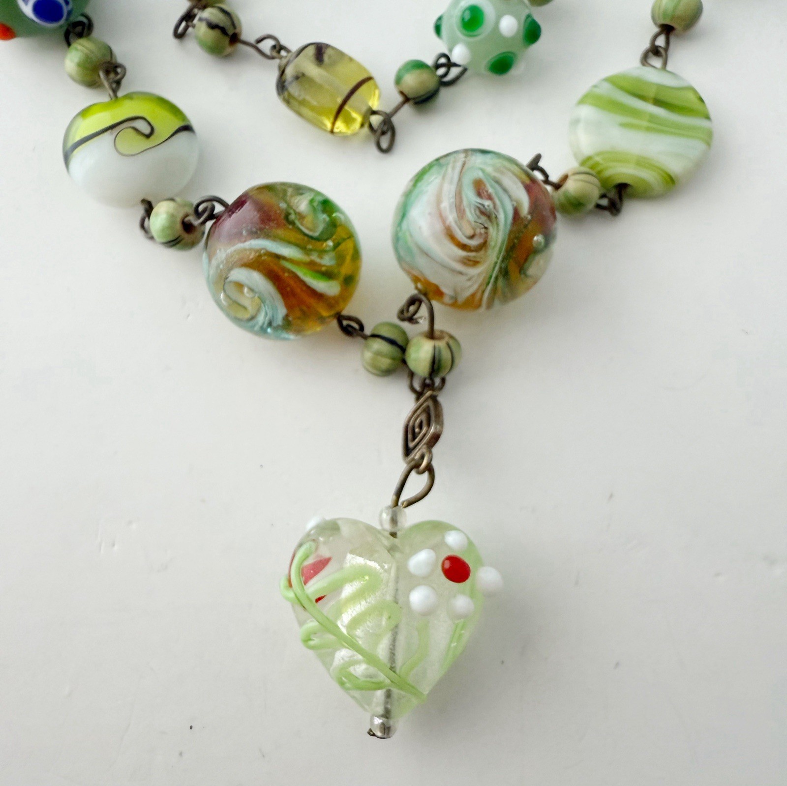 Vintage Green Multicolor Lampwork Art Glass Beaded Heart Drop Necklace