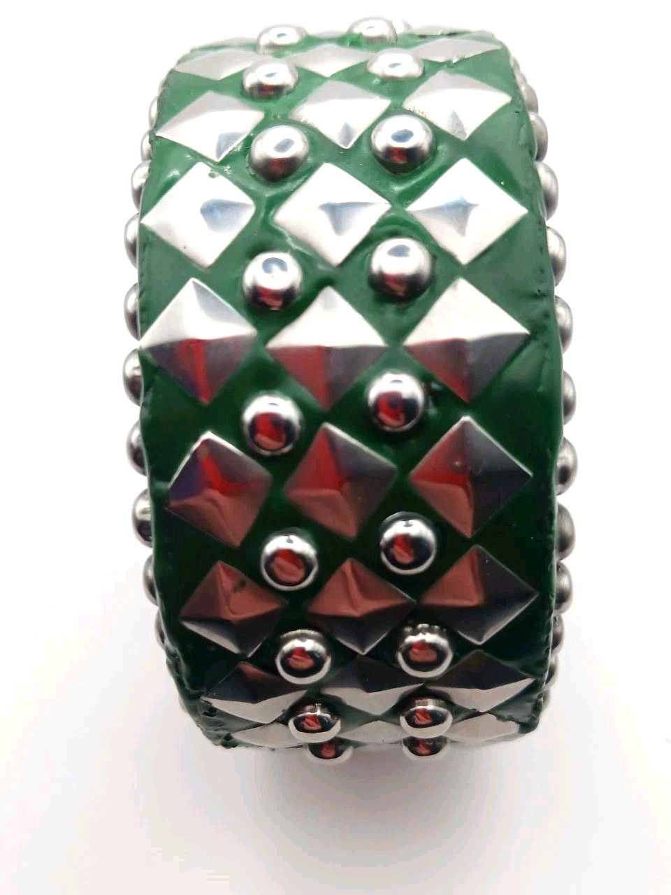 Gothic Wood Bangle 5 Row Metal Studded Green Heavy Bracelet