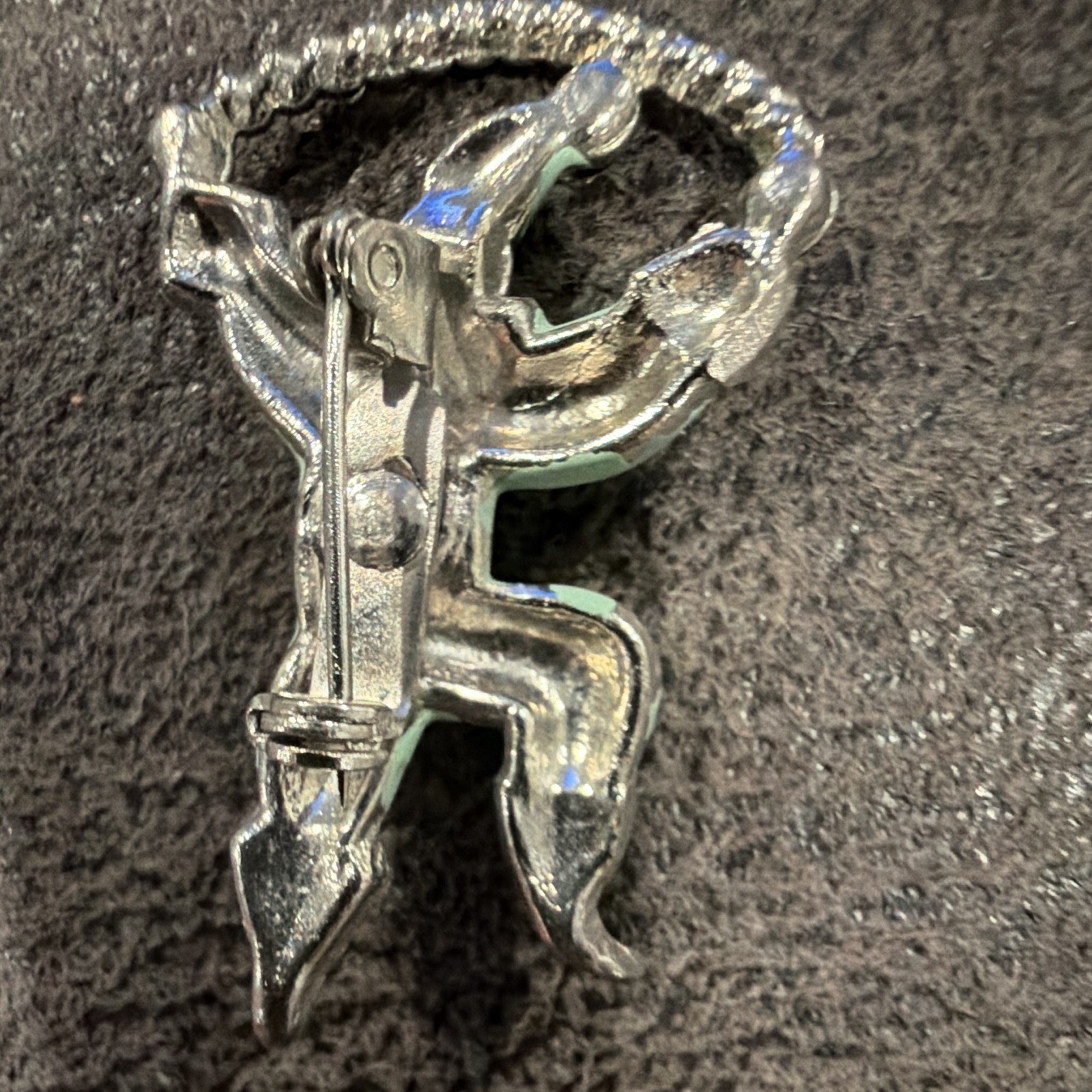 Green Enamel Jester Brooch Pin w/ Clear Round Crystal Rhinestones Silver Tone