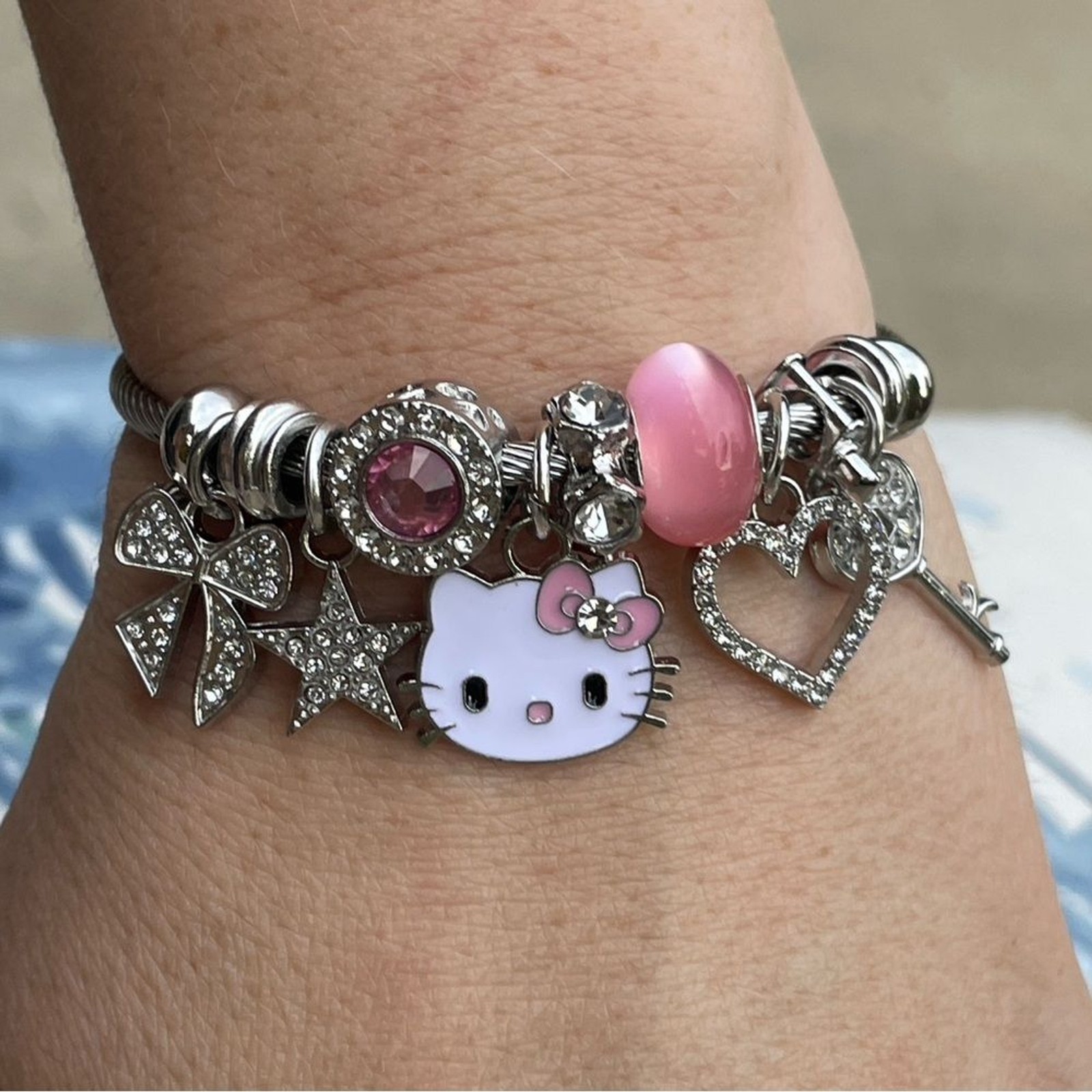 Hello kitty charm bracelet Adjustable for any wrist kids adults gift Pink silver