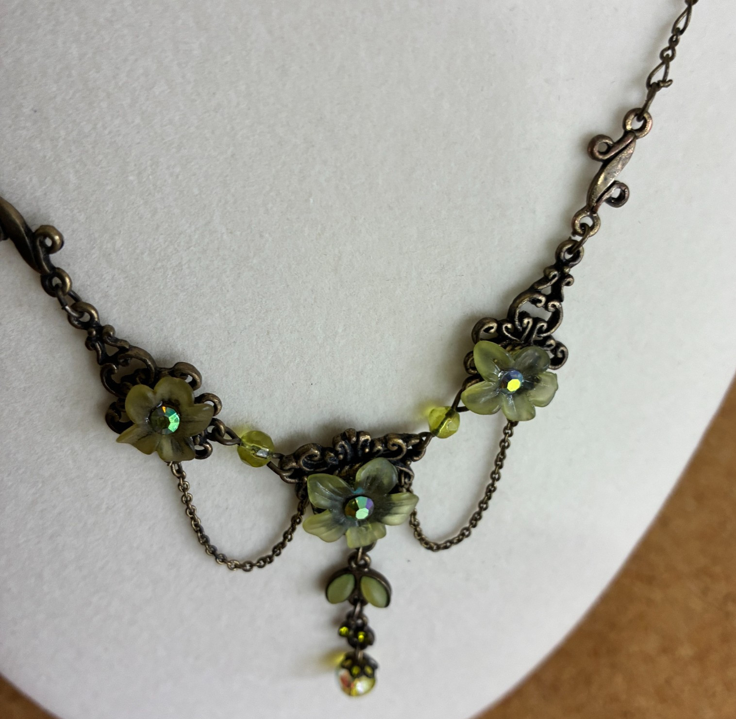 VTG Michal Negrin Green Enamel Floral Rhinestones Necklace Bib Shabby Chic Boho