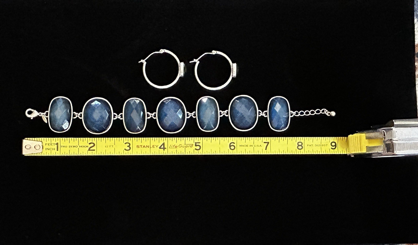 Avon Signed Silver-Tone Blue Faceted Oval Stone Bracelet & Hoop Earrings Set