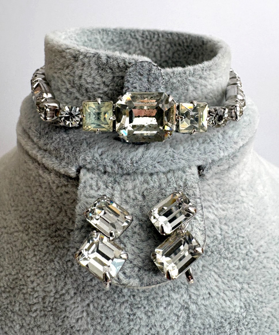 VTG 6.5″ Emerald Cut Cubic Zirconia Bracelet with Emerald Cut CZ Earrings Set