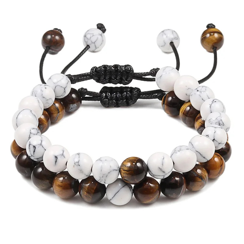 Handmade Adjustable Braided Bracelet Black Lava Stone Crown Tiger Eye Beads