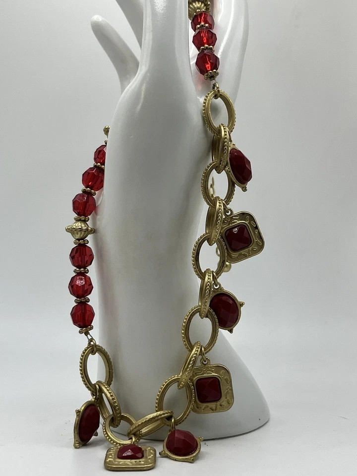 GEORGE BOHEMIAN MATTE GOLD CHAIN RED CABOCHONS RHINESTONES 18-21″ NECKLACE EUC