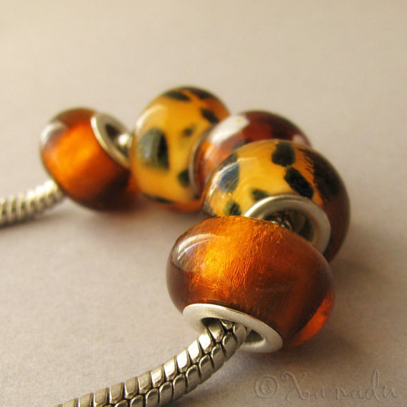5PCs Golden Amber Brown Lampwork Glass Beads For European Style Charm Bracelets