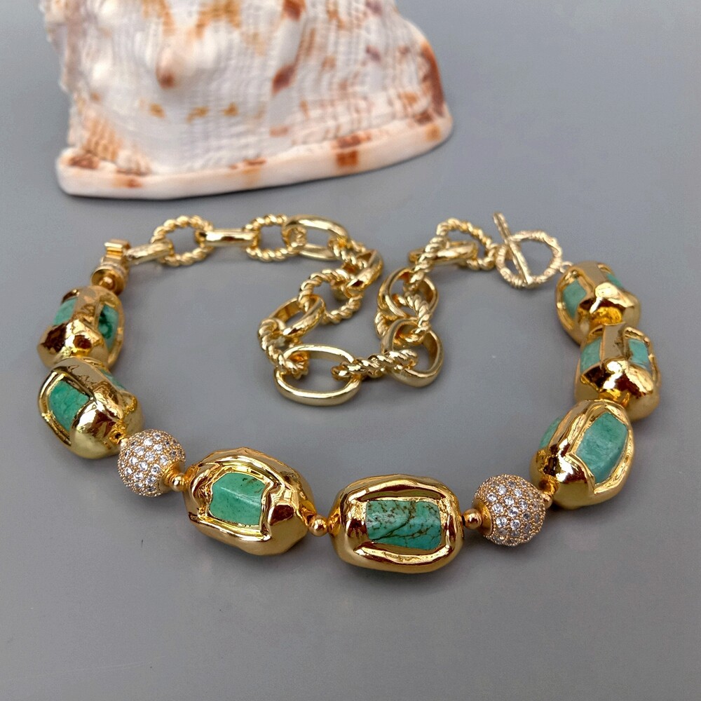 16.5″ Turquoise With Electroplated Edge CZ Pave Beads Chain Choker Necklace