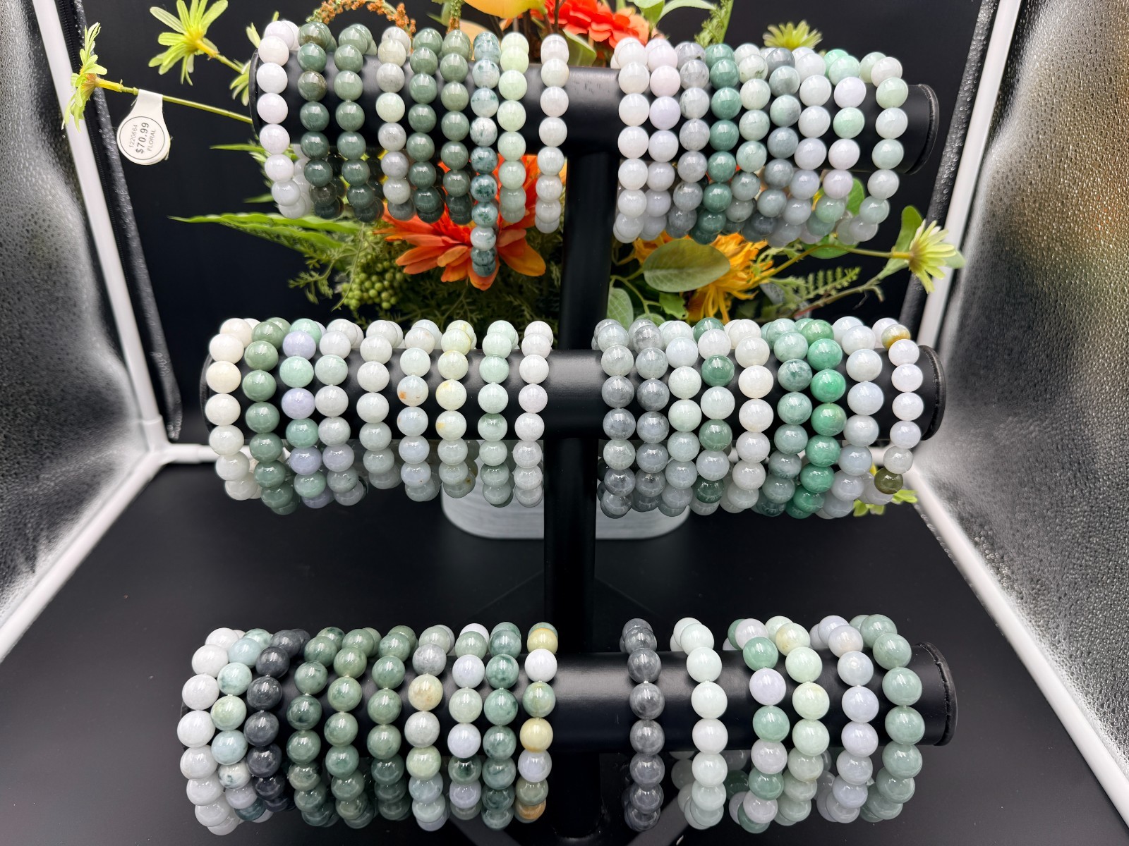 Certified Natural Jadeite Jade Beaded Bracelet Green Float FLWR 13.1 mm #100078