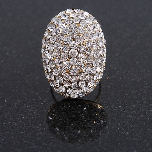 Oval Dome Shape Clear Crystal Ring In Gold Tone Metal – 30mm Long – 7/8 Size