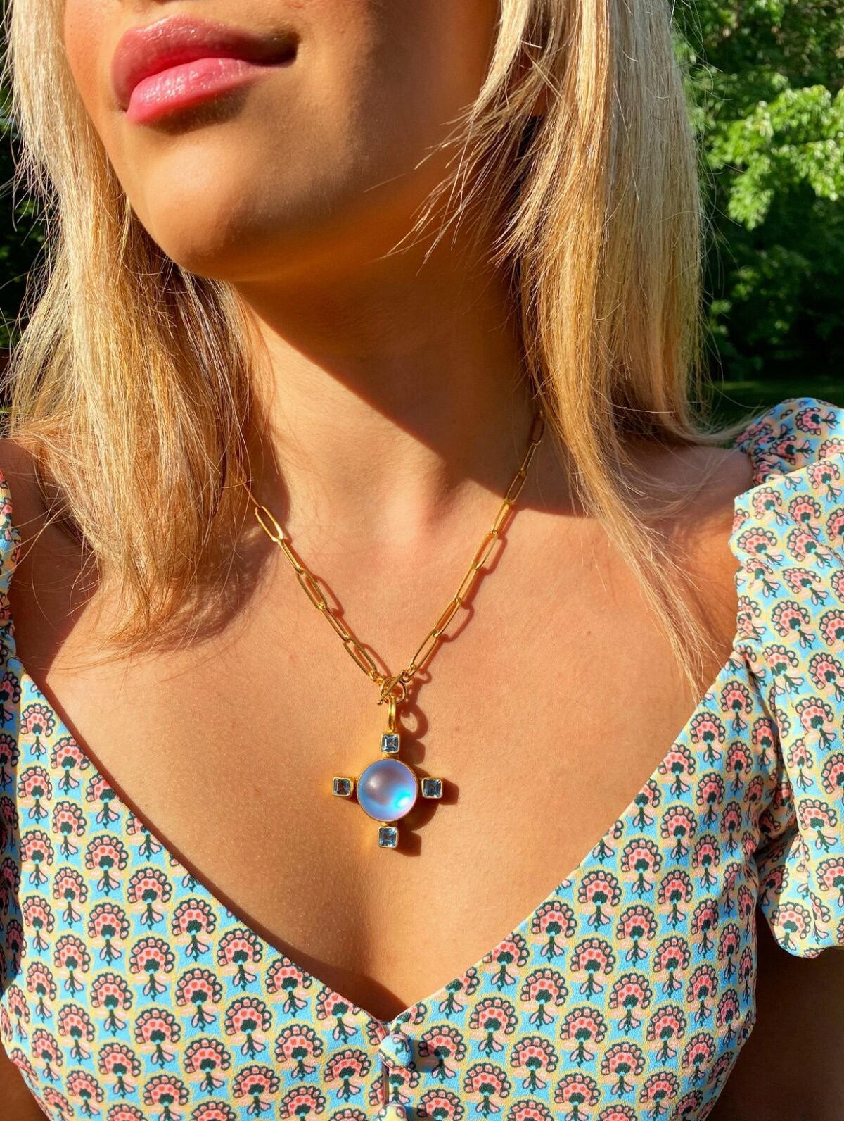 Dina Mackney Necklace Pendant 18K Gold Jewelry Luminite Blue Topaz Jewelry Gift