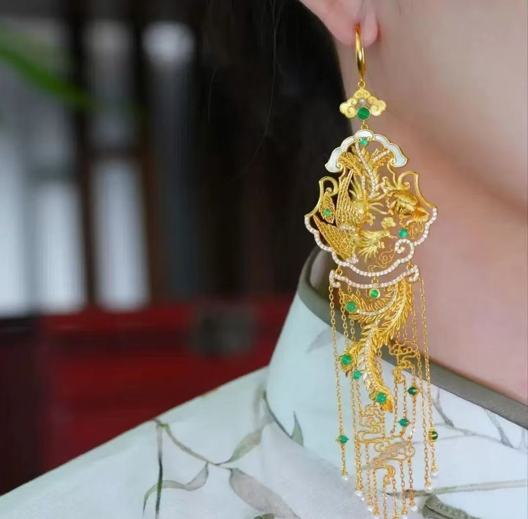 Gold Tone Phoenix Tassel Earrings Chinese Style Peony Flower Vintage Jewelry