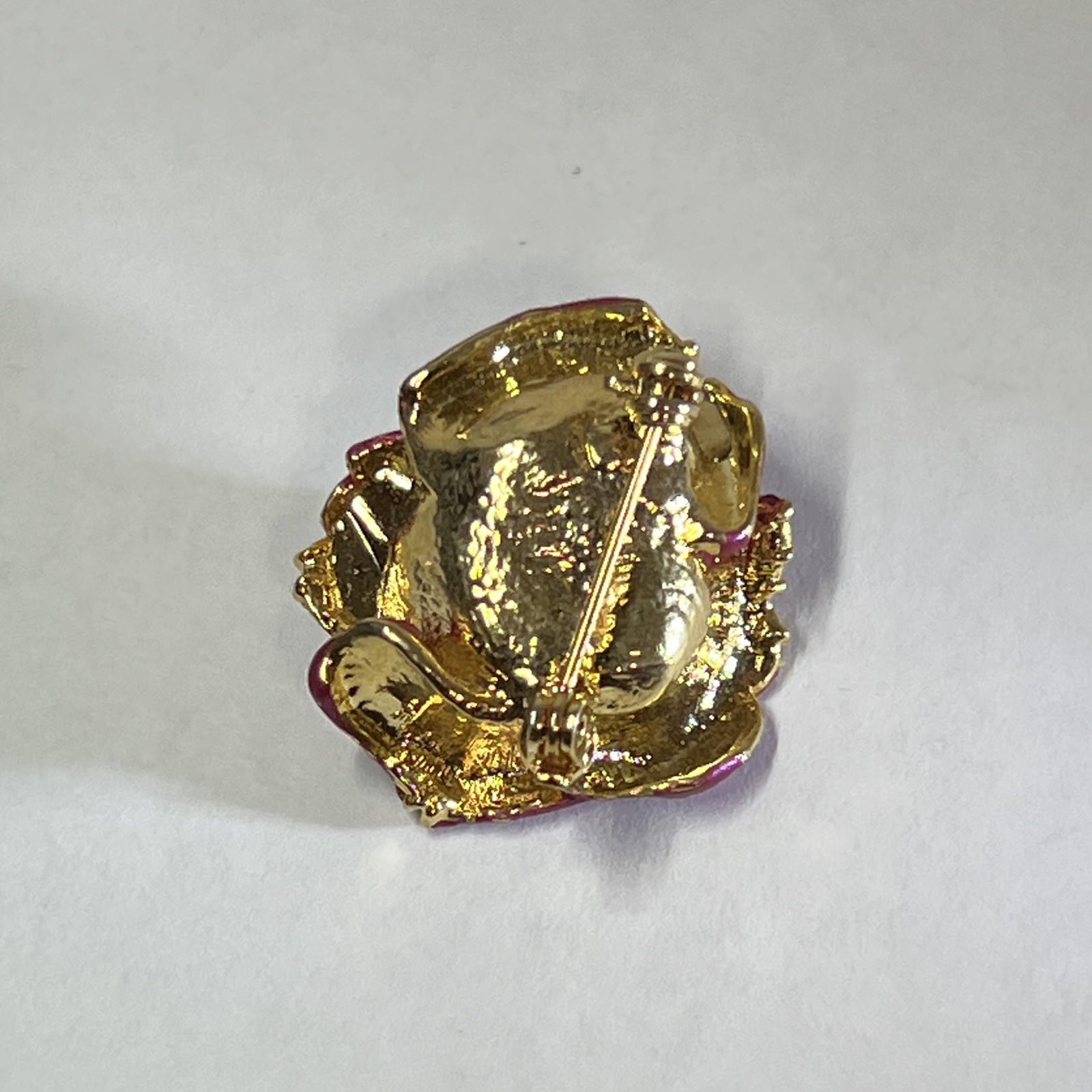 Purple Rose Flower Brooch Pin Gold Tone Metal with Pink Rhinestones 1 in