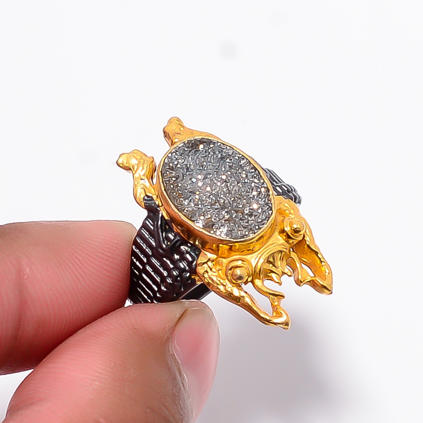 Silver Titanium Agate Drusy 925 Sterling Silver Frog Ring S.8 R8752