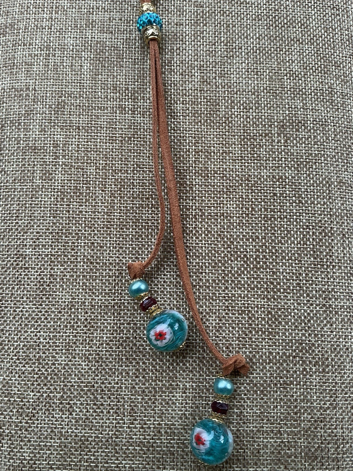 Western Blue Beaded Bolo Necklace w/Glass Bead Charm Tips