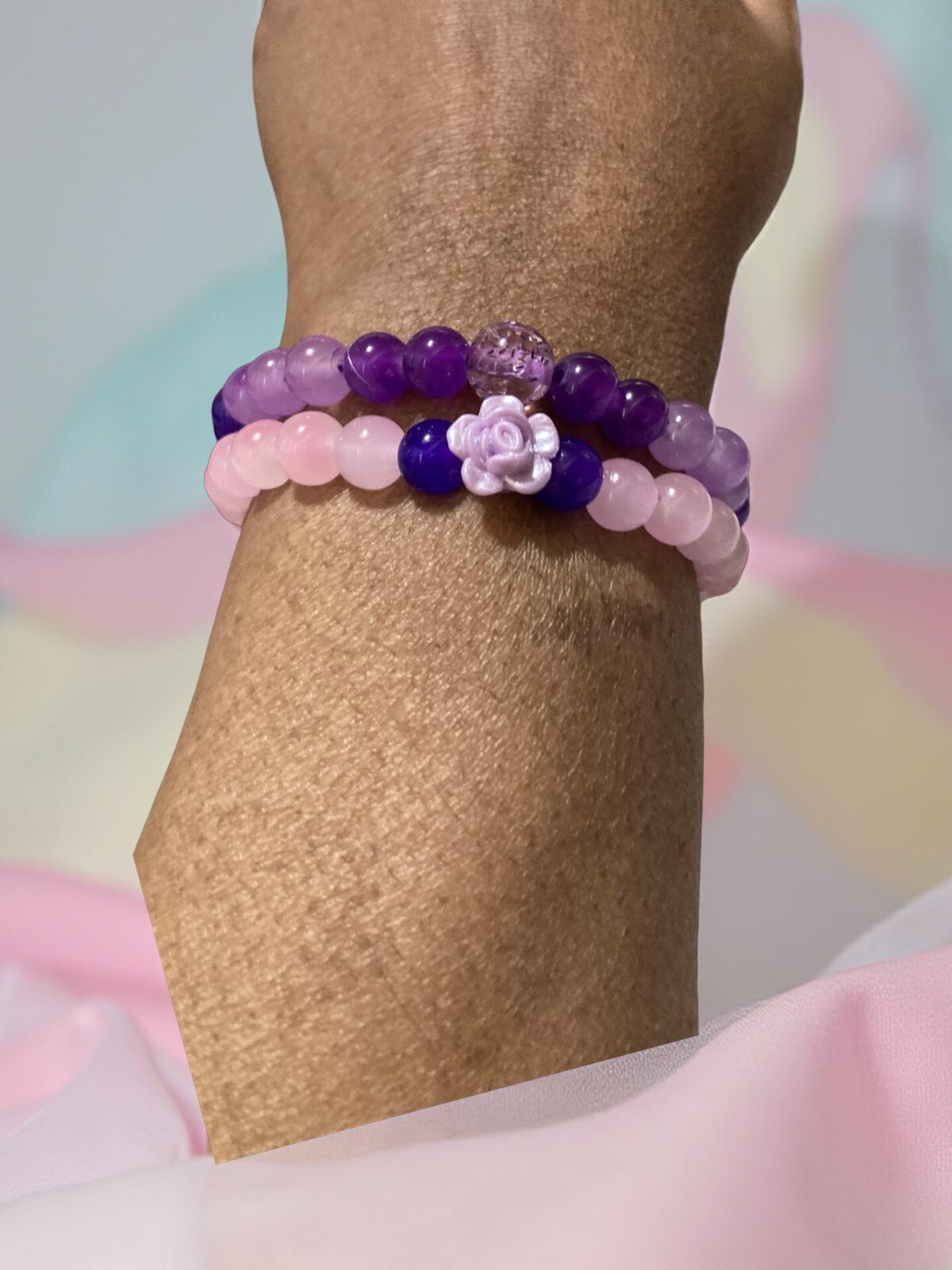 Set of 2 purple and pink handmade 8 mm crystal bracelet for all occasions