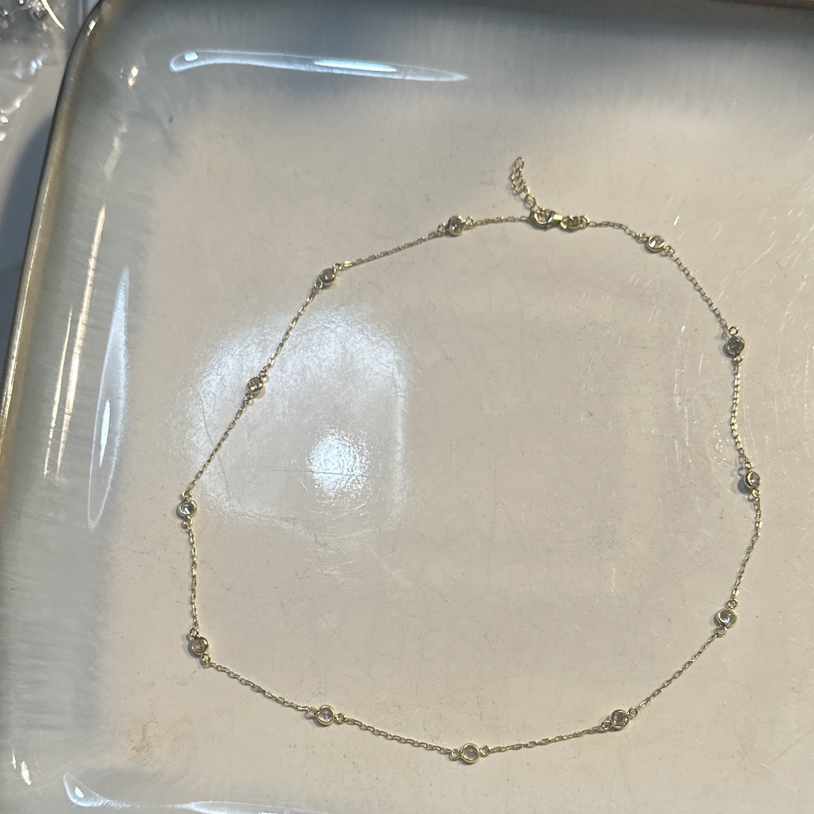Silver Tone Station Bezel Set Round Crystal Cable Chain Necklace, Lobster