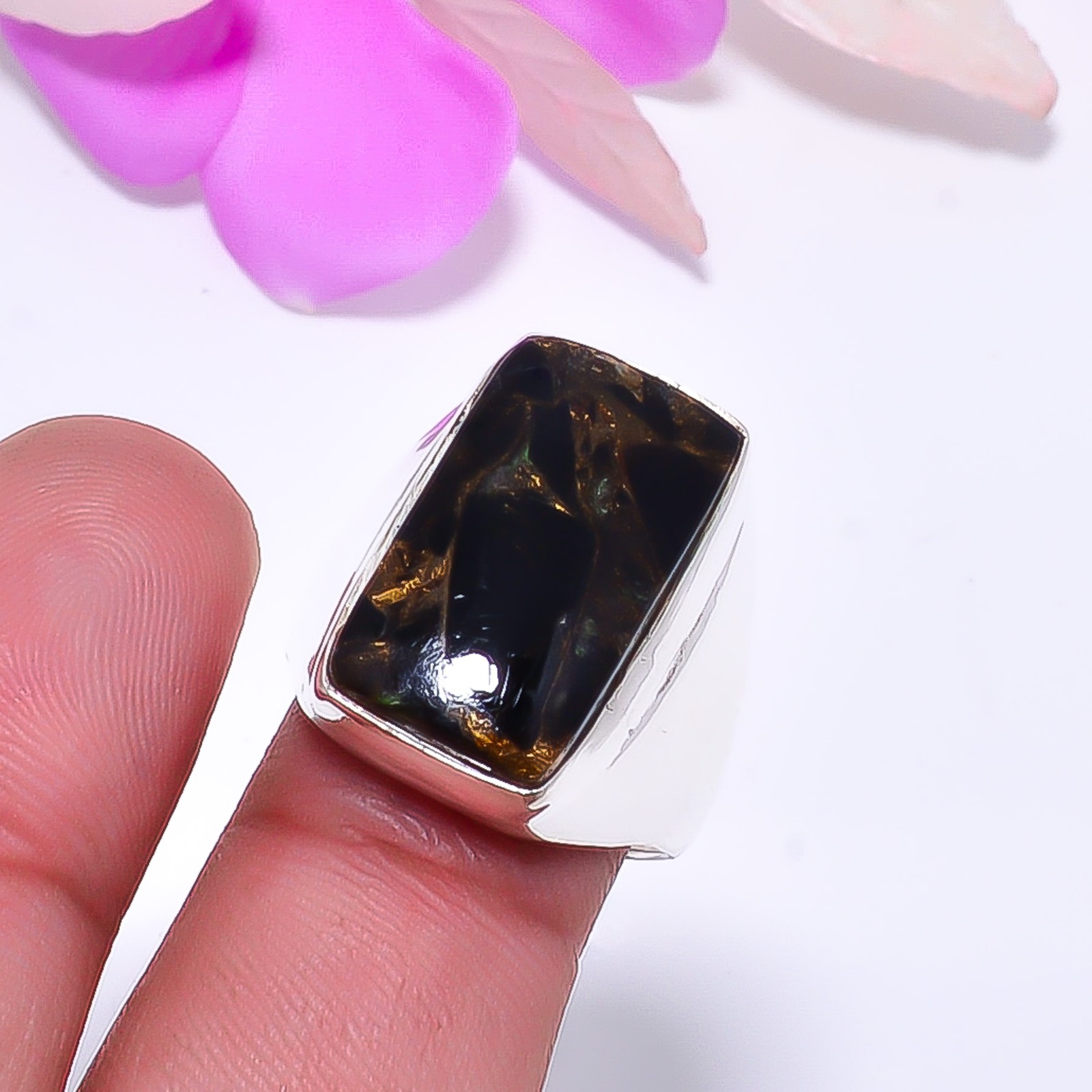 Copper Black Obsidian 925 Sterling Silver Ring S.8.5 R115214