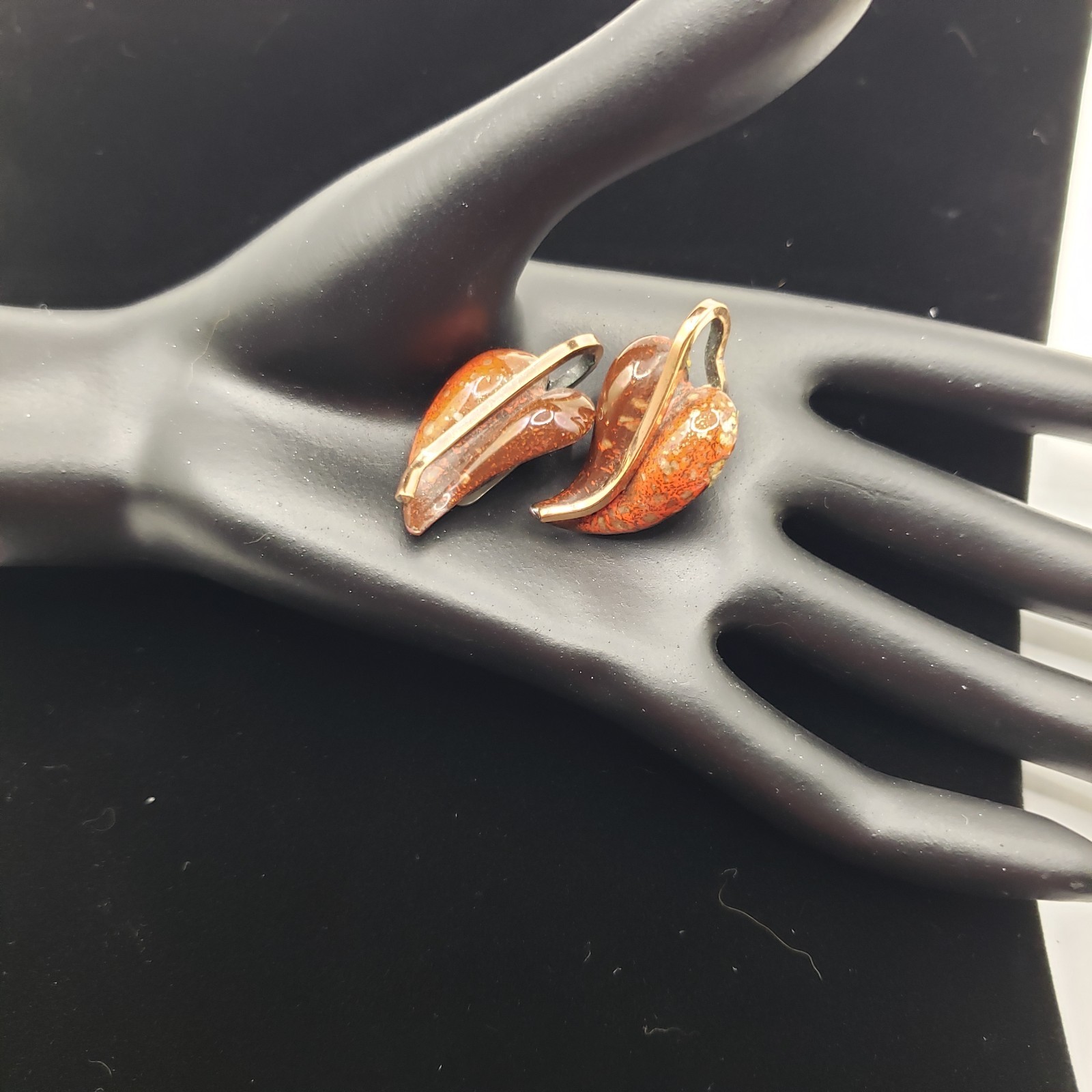 Earrings Clip On Signed Matisse Renoir Copper Enamel Leaf Mid Century Modern