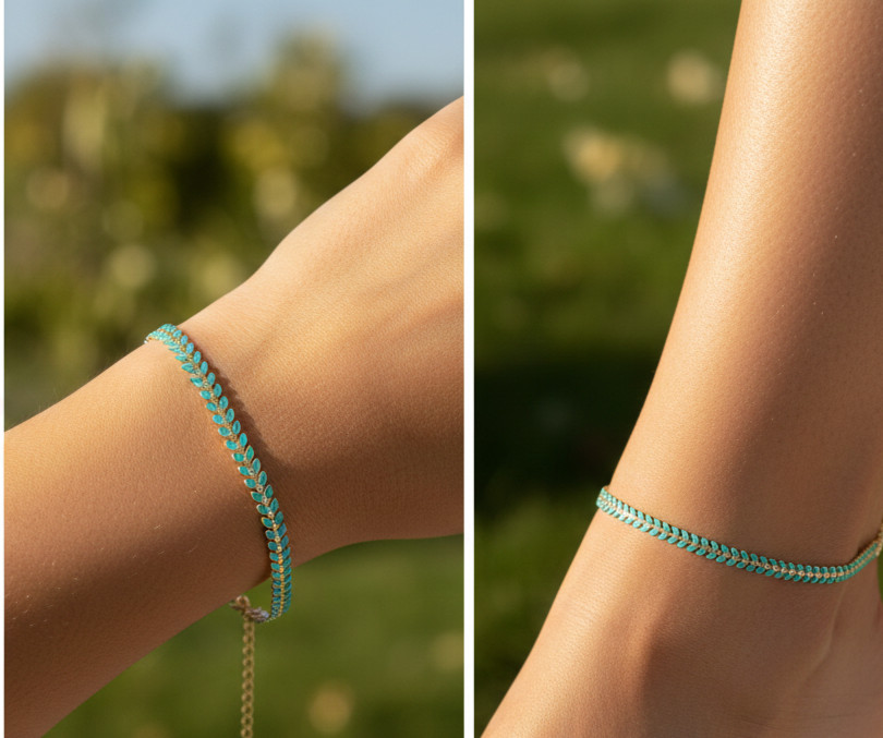 Delicate Leaf Beaded Bracelet Gold Plated Turquoise Chain Handmade Boho Jewelry